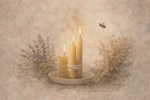 świeczki z wosku pszczelego obok ziół